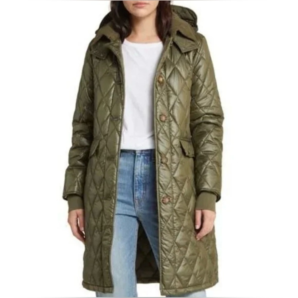 Lucky Brand diamond quilted coat, green jacket removable hood in size XS.